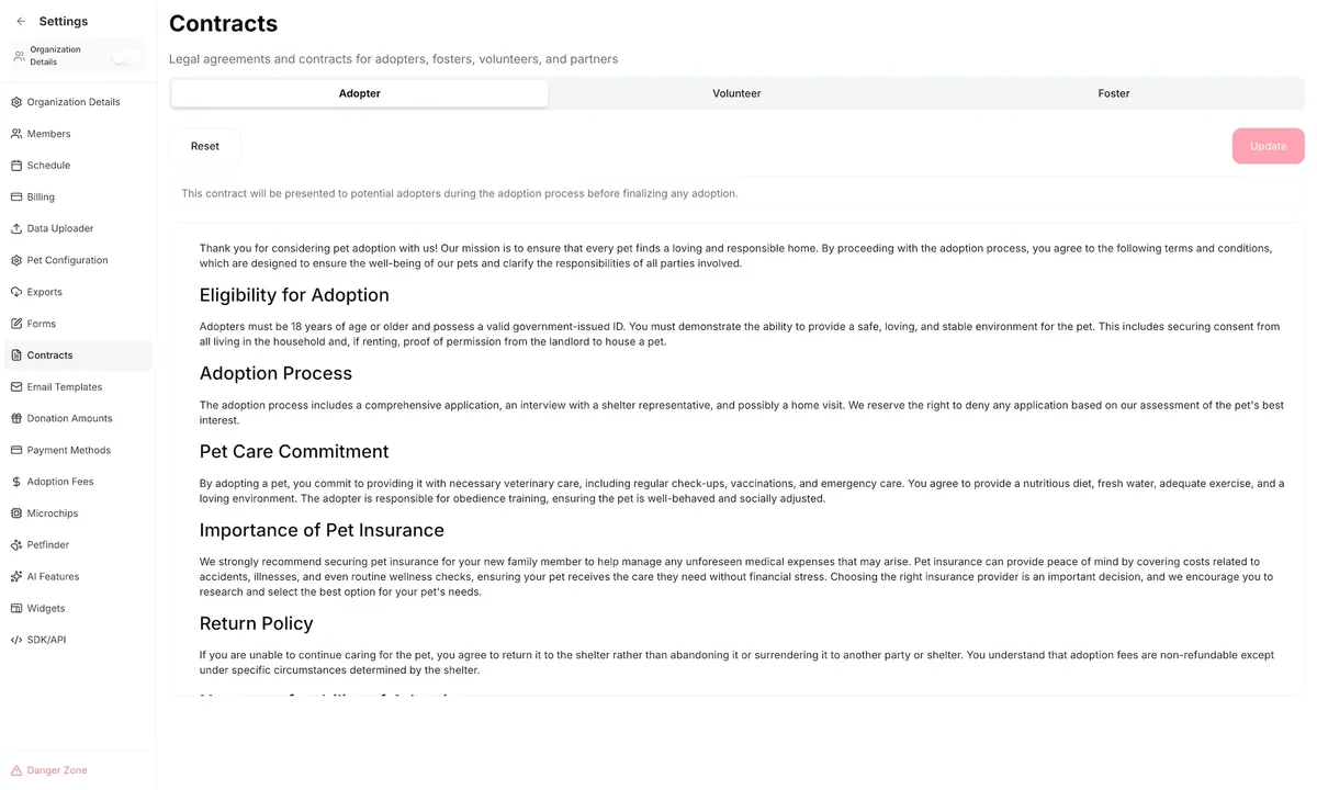 PawPlacer contracts dashboard for managing digital adoption and foster agreements