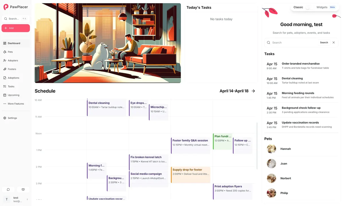 PawPlacer dashboard with calendar, task overview, and daily shelter operations widgets