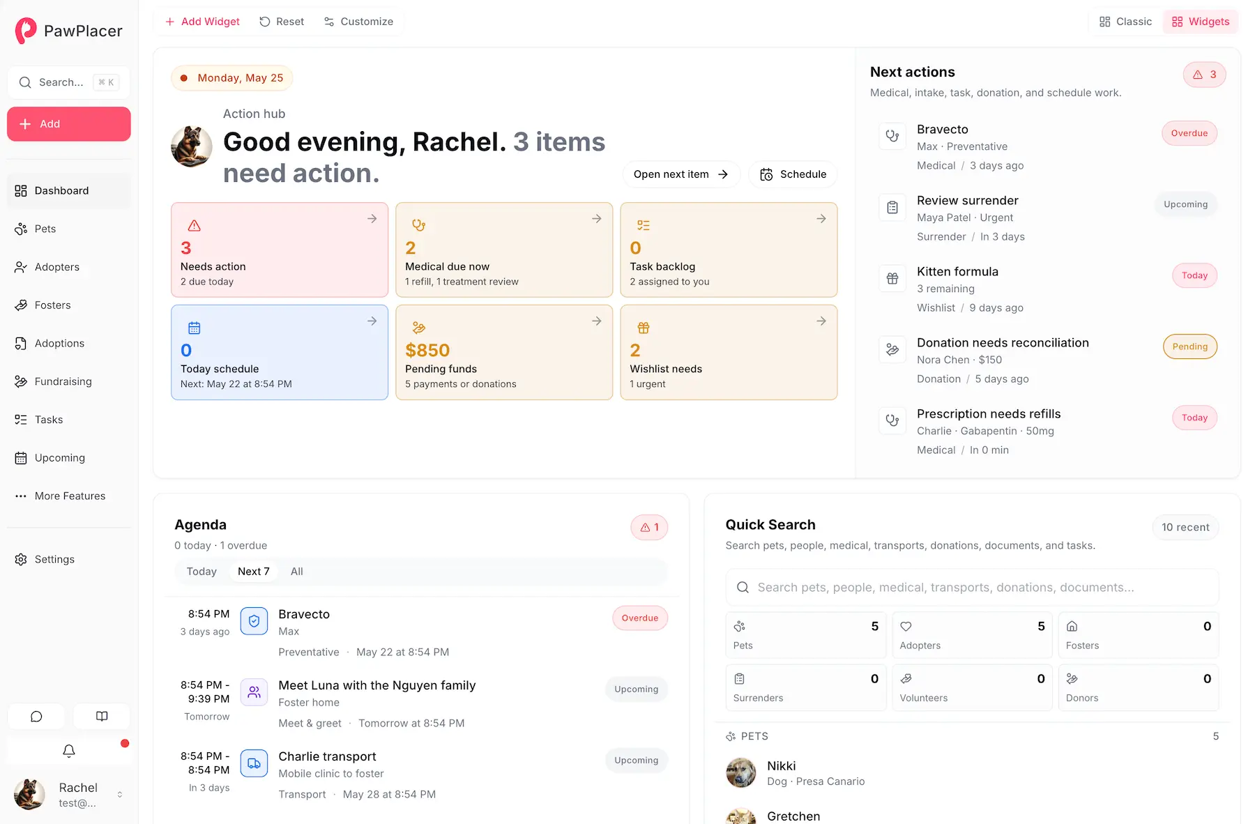 Shelter dashboard search and quick actions for pets, people, tasks, and records
