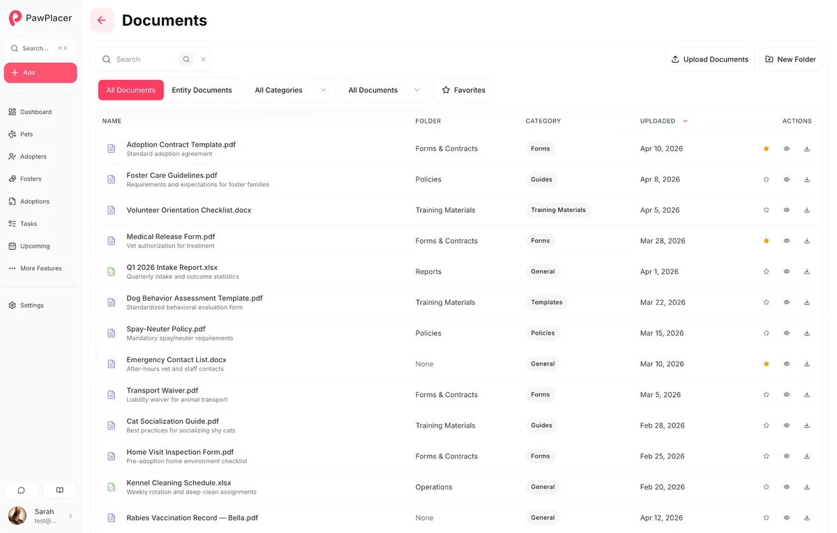 PawPlacer document manager for shelter files with folders, categories, favorites, and upload actions