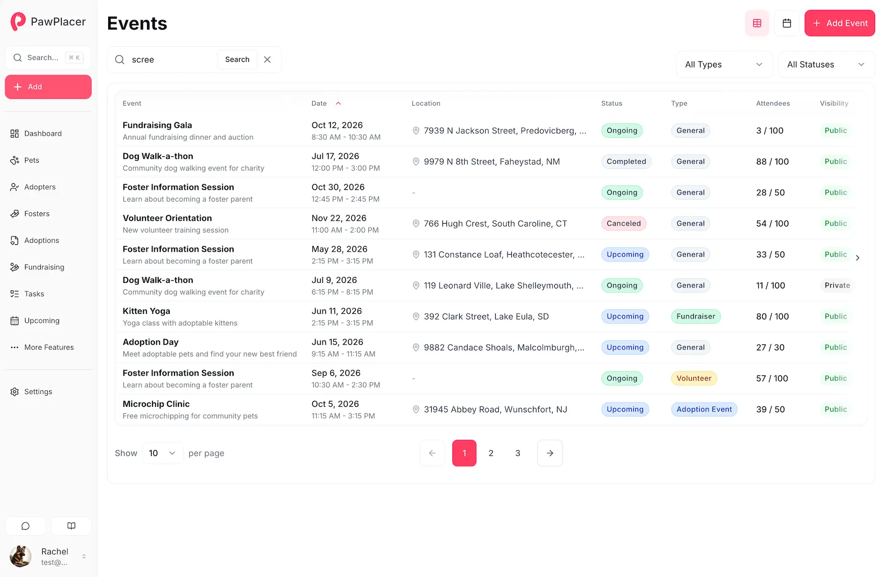 Event management calendar for shelter adoption events, fundraisers, and meetups
