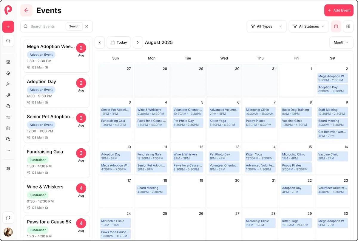 Event management calendar for shelter adoption events, fundraisers, and meetups