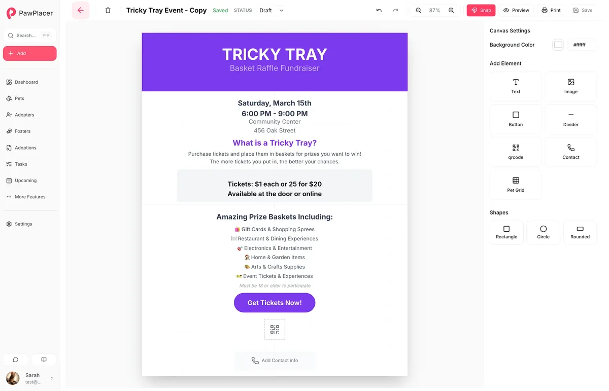 Drag-and-drop adoption flyer designer for creating printable pet marketing materials