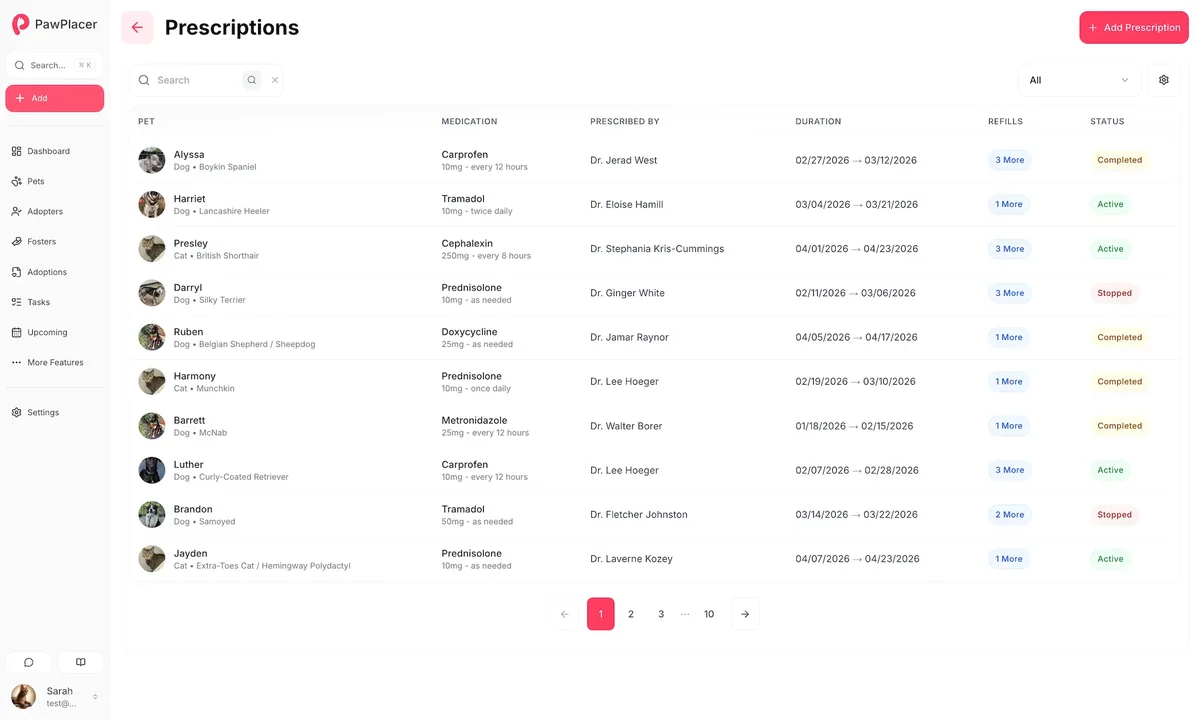 PawPlacer prescription tracking table for pets with medication, provider, duration, refills, and status