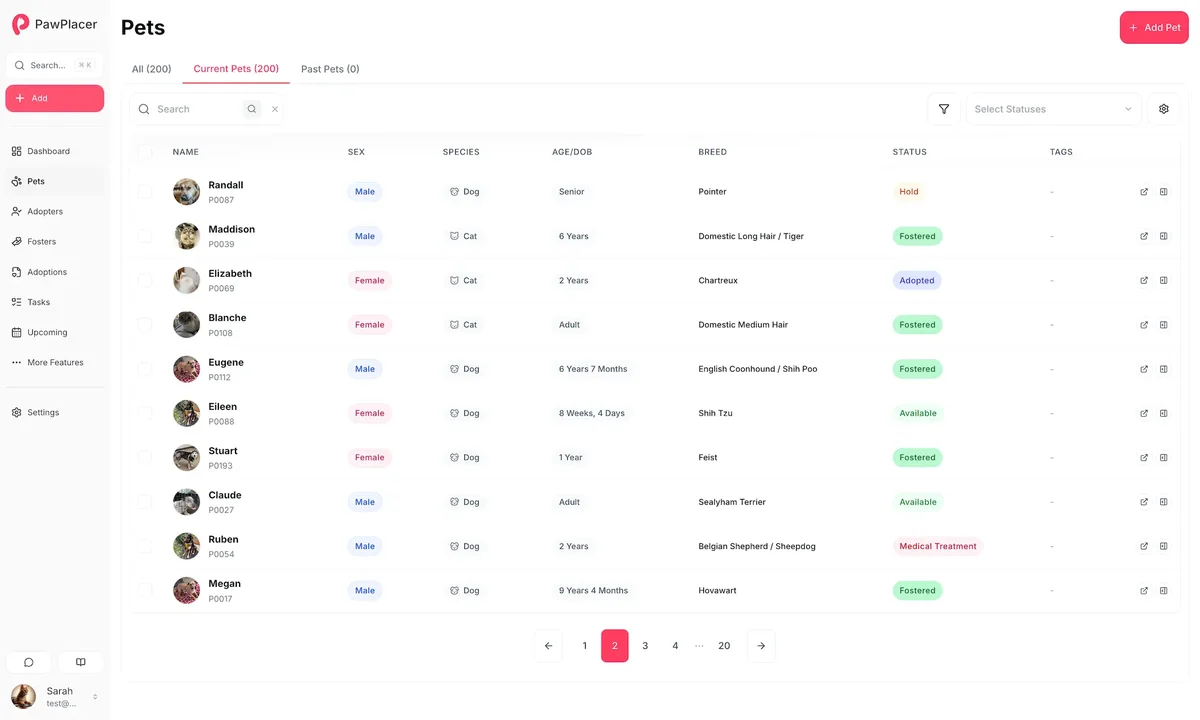 PawPlacer pet records table with search, filters, status, species, breed, and age columns