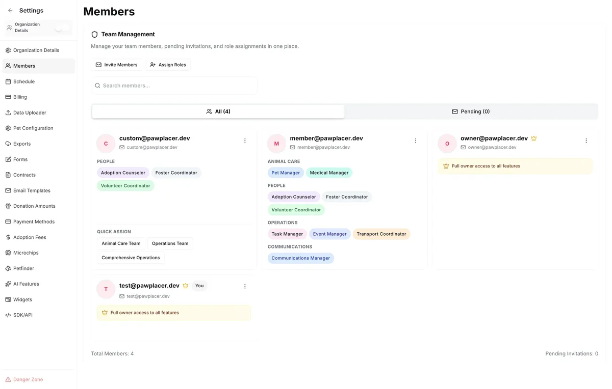 Team permission settings for role-based access control in PawPlacer