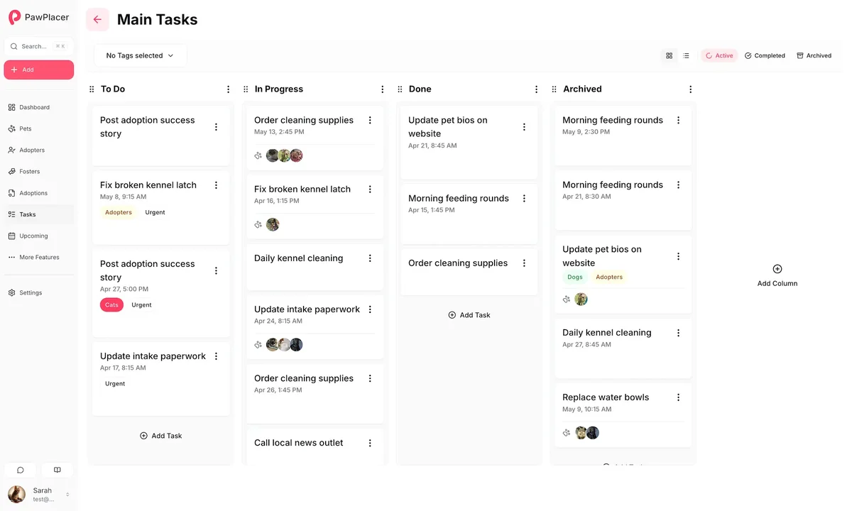 Kanban task board for animal shelter operations with columns, due dates, and assignees