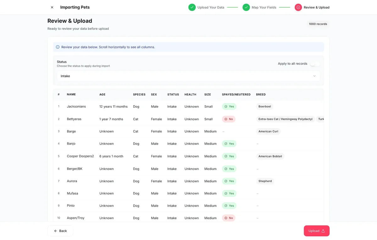 Data uploader review and upload screen with mapped pet records ready for import